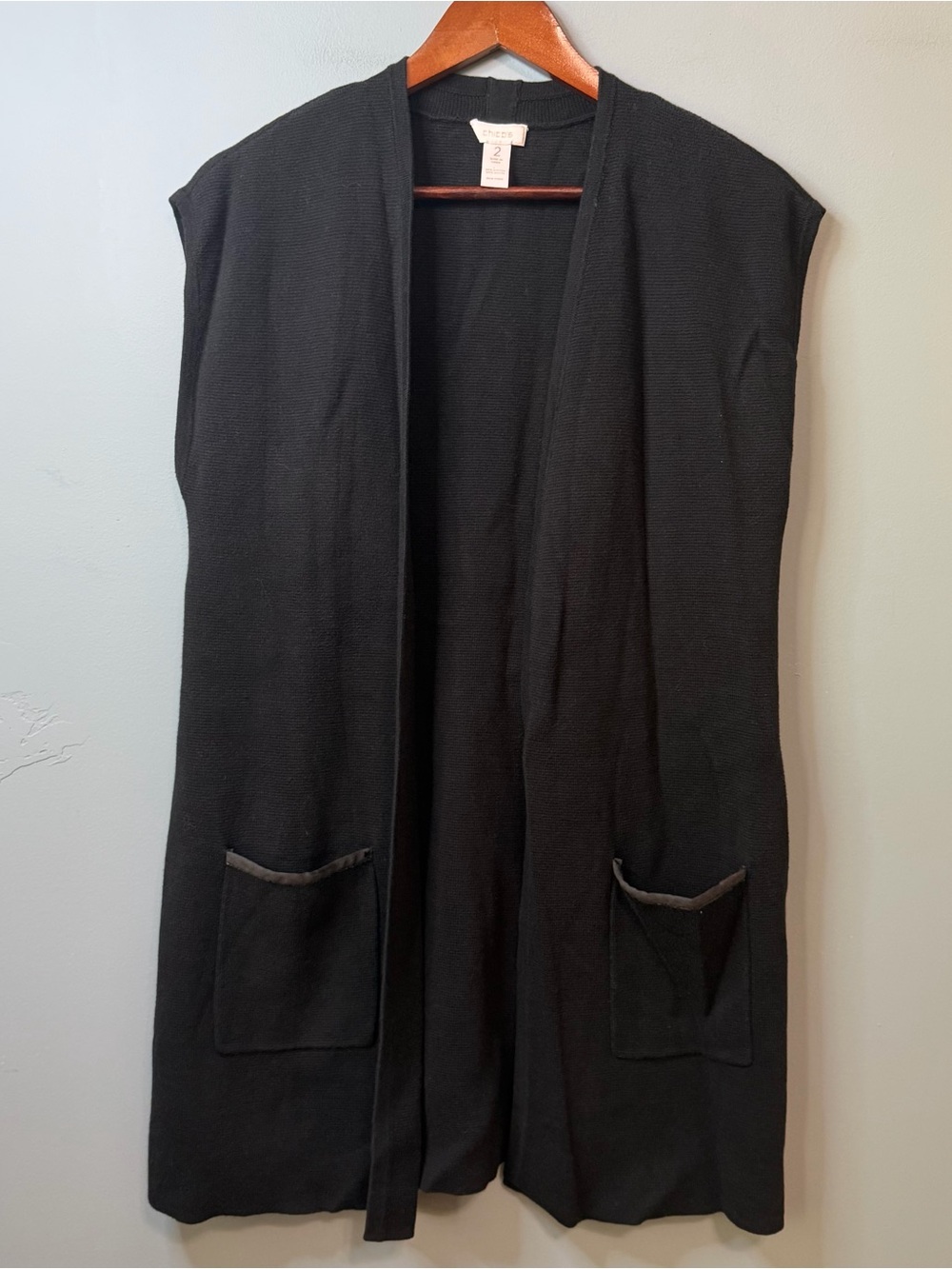 Chico's Black Knit Open Front Sleeveless Vest Cardigan Size 2 Large